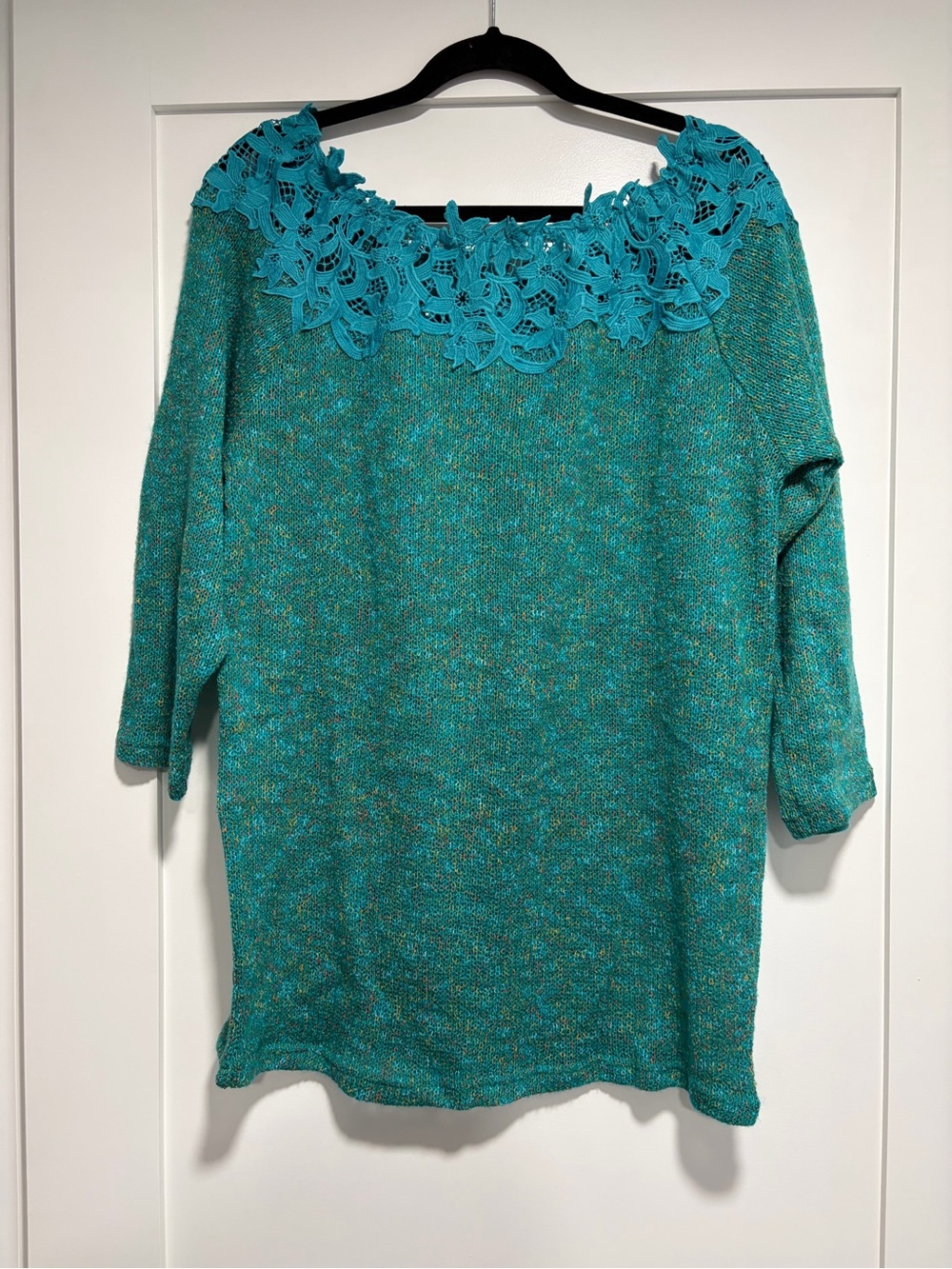 Off-the-Shoulder Teal Lace-Trim Sweater